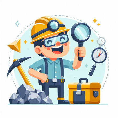 Cartoon miner with a magnifying glass and tools. Vector illustrationのイラスト素材