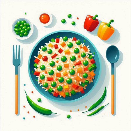 Rice with vegetables on a plate. Vector illustration in flat styleのイラスト素材