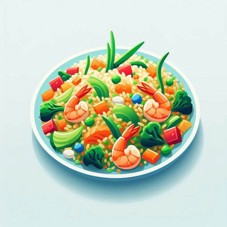 Salad with shrimps and vegetables in a plate. Vector illustration.のイラスト素材