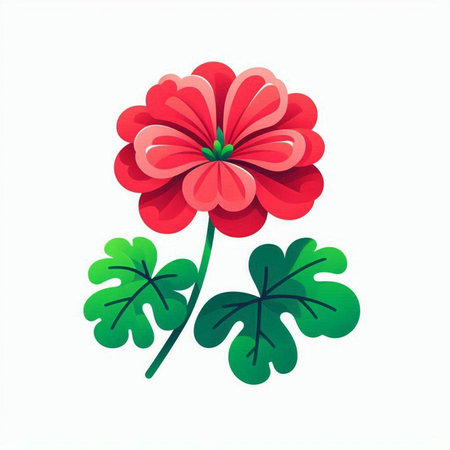 Red flower with green leaves isolated on white background. Vector illustration.のイラスト素材