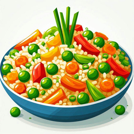 Illustration of a bowl of couscous with vegetables on a white backgroundのイラスト素材