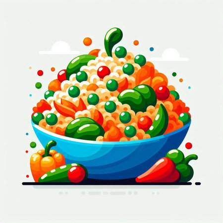 Vector illustration of a colorful bowl of couscous with vegetables.のイラスト素材