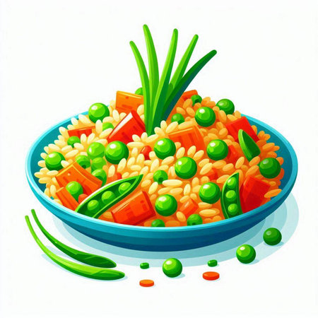 Vector illustration of a bowl of mixed vegetable salad with green peas, carrots, beans, peas and chives.のイラスト素材