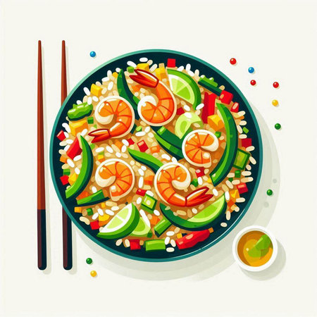 Seafood salad in bowl. Asian cuisine. Vector illustration.のイラスト素材