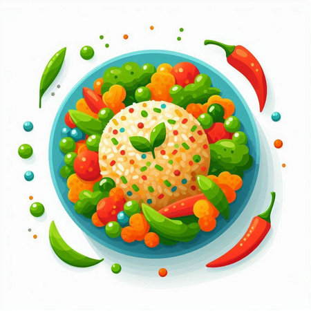 Rice with vegetables and spices in a plate. Vector illustration.のイラスト素材