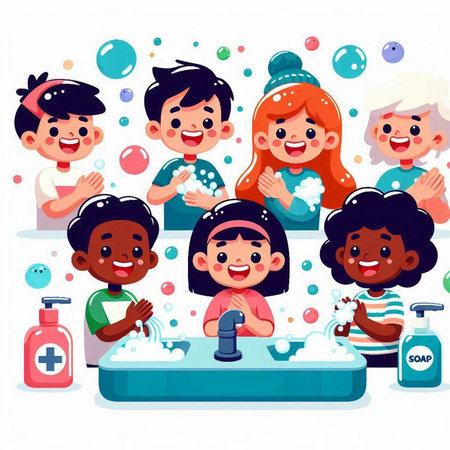 Children washing their hands with soap. Vector illustration in cartoon style.のイラスト素材