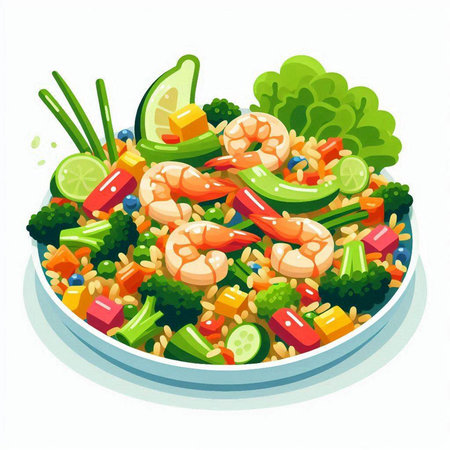 Salad with shrimp and vegetables on white background. Vector illustration.のイラスト素材