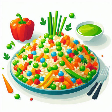 Illustration of a healthy meal with rice, carrots, peas, bell pepper, celery, parsley and sauceのイラスト素材