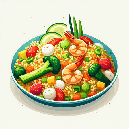 Illustration of a bowl of shrimps and vegetables on a white backgroundのイラスト素材