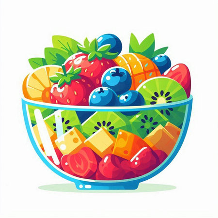 Fruit salad in a glass bowl isolated on white background. Vector illustration.のイラスト素材
