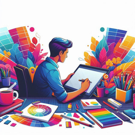Vector illustration of graphic designer working at his desk with laptop, sketchbook, color swatches, pencils and coffee cupのイラスト素材