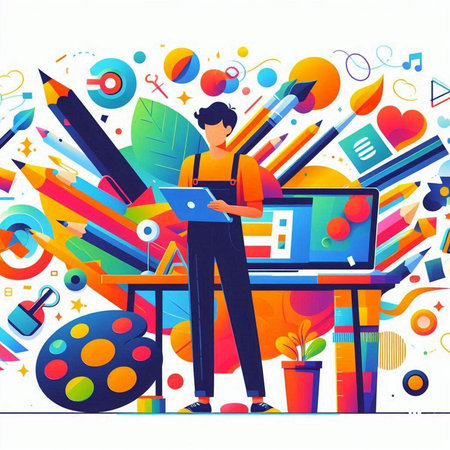 Vector illustration of a young man working in the office with a laptopのイラスト素材