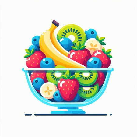 Fruit salad in a glass bowl. Vector illustration in flat style.のイラスト素材