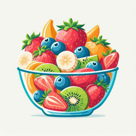 Fruit salad in a glass bowl. Vector illustration in cartoon style.のイラスト素材