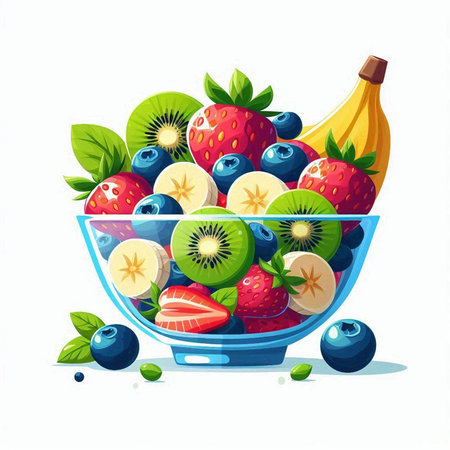 Vector illustration of a glass bowl full of fresh fruits and berries.のイラスト素材