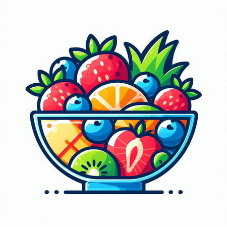 Fruit bowl with strawberries, blueberries, kiwi, orange, grapefruit, apple, pear. Vector illustration.のイラスト素材