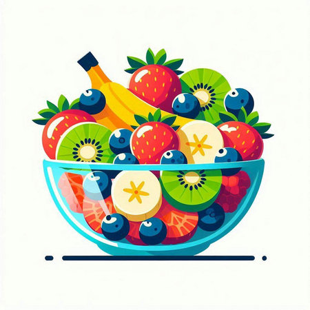 Fruit salad in a bowl. Vector illustration in flat style.のイラスト素材