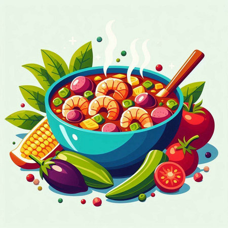 Tomato soup with shrimps and vegetables. Vector illustration.のイラスト素材