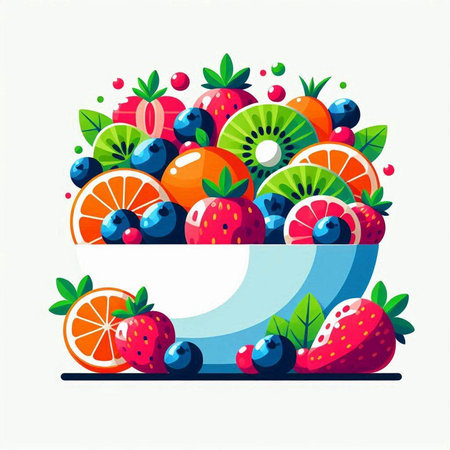Fruit salad in a bowl. Vector illustration in flat style.のイラスト素材