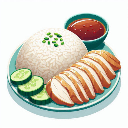 Illustration of a plate of rice with chicken fillet and cucumberのイラスト素材