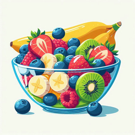 Fruit salad in a bowl. Vector illustration of fresh fruit.のイラスト素材