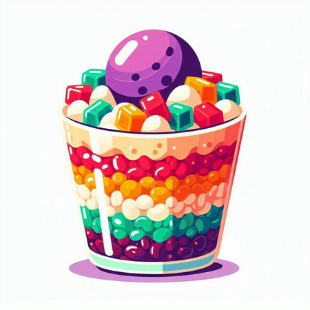 Colorful candies in glass bowl isolated on white background. Vector illustration.のイラスト素材