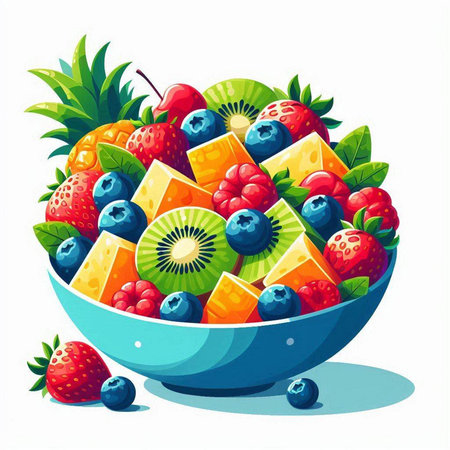 Fruit salad in a blue bowl isolated on white background. Vector illustration.のイラスト素材