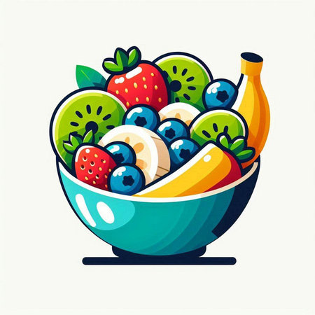 Fruit salad in a bowl. Vector illustration in flat style.のイラスト素材