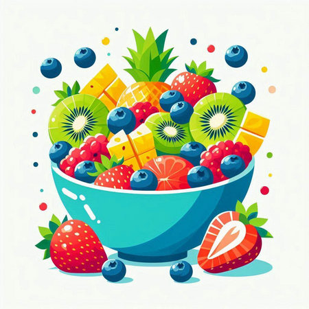 Fruit salad in a blue bowl. Healthy food. Vector illustration.のイラスト素材
