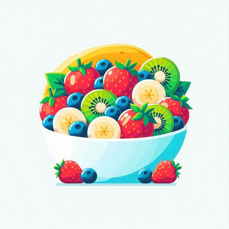 Fruit salad in a bowl on a white background. Vector illustration.のイラスト素材