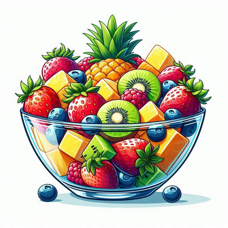 Fresh fruit salad in glass bowl isolated on white background. Vector illustration.のイラスト素材