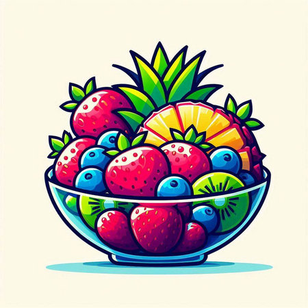 Strawberries, blueberries and pineapple in a bowl. Vector illustration.のイラスト素材