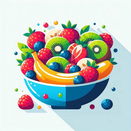 Vector illustration of a bowl of fruit salad with fresh fruits and berriesのイラスト素材