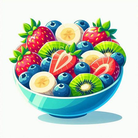 Blueberry, strawberry and kiwi in a bowl. Vector illustration.のイラスト素材