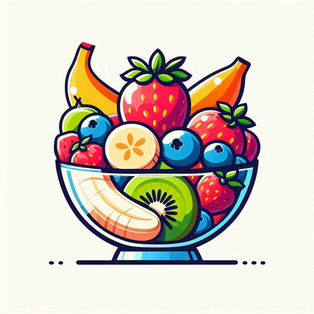 Fruit salad in a bowl. Vector illustration. Isolated on white background.のイラスト素材