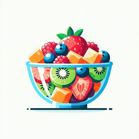 Fruit salad in a glass bowl on a white background. Vector illustration.のイラスト素材