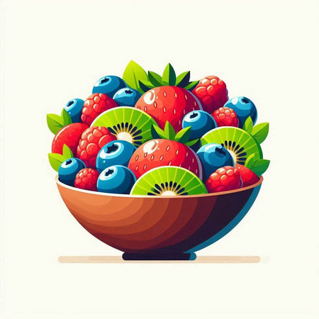 Vector illustration of a bowl of fresh berries and fruits. Healthy food.のイラスト素材