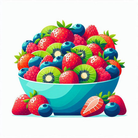 Vector illustration of a bowl of strawberries, blueberries and kiwiのイラスト素材