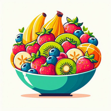 Fruit bowl with strawberries, bananas and blueberries. Vector illustration.のイラスト素材