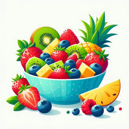 Vector illustration of fresh fruit salad in a bowl on white background.のイラスト素材