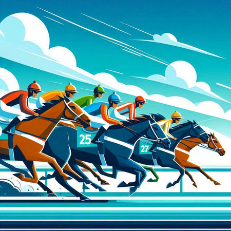 Jockeys racing on the finish line. Horse race. Vector illustration.のイラスト素材