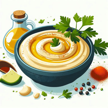 Vector illustration of hummus with olive oil and parsley in bowlのイラスト素材