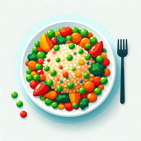 Rice with vegetables in a plate on a white background. Vector illustration.のイラスト素材