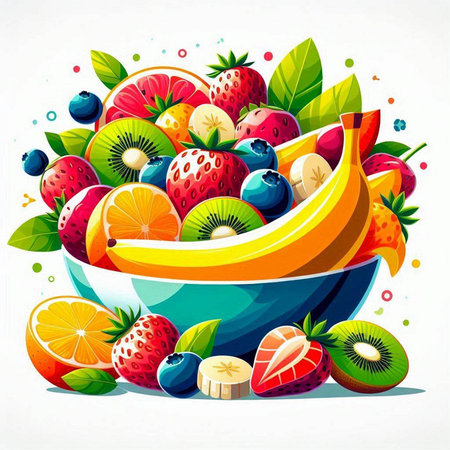 Vector illustration of fresh fruits in a bowl on a white background.のイラスト素材
