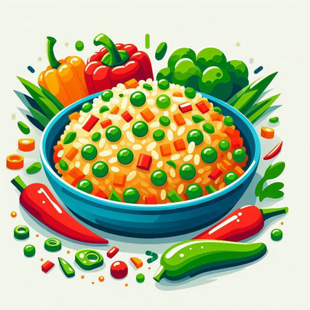 Illustration of a bowl of bulgur with vegetables and chili pepperのイラスト素材