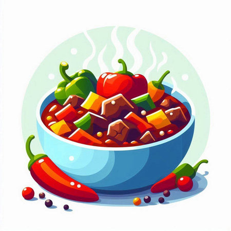 Vegetable stew in a bowl with pepper and tomato. Vector illustration.のイラスト素材