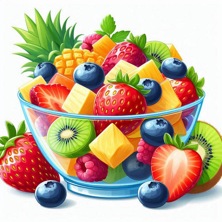 Fruit salad in a glass bowl with strawberries, blueberries, pineapple, kiwi and raspberriesのイラスト素材