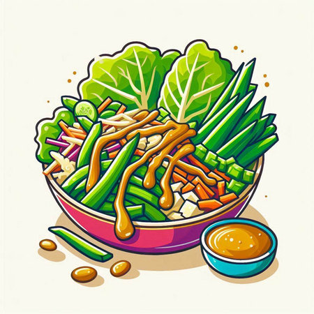 Illustration of a bowl of stir-fried vegetables with sauce.のイラスト素材