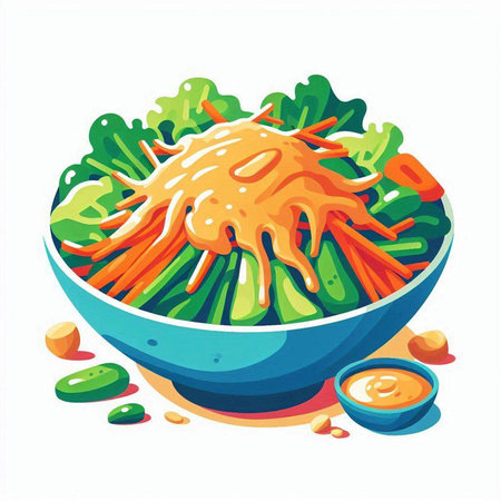 Bowl of vegetable salad with kimchi. Vector illustration.のイラスト素材
