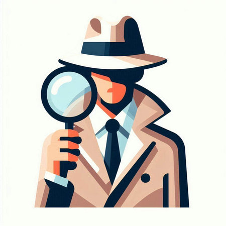 Vector illustration of detective in hat and coat with magnifying glass.のイラスト素材